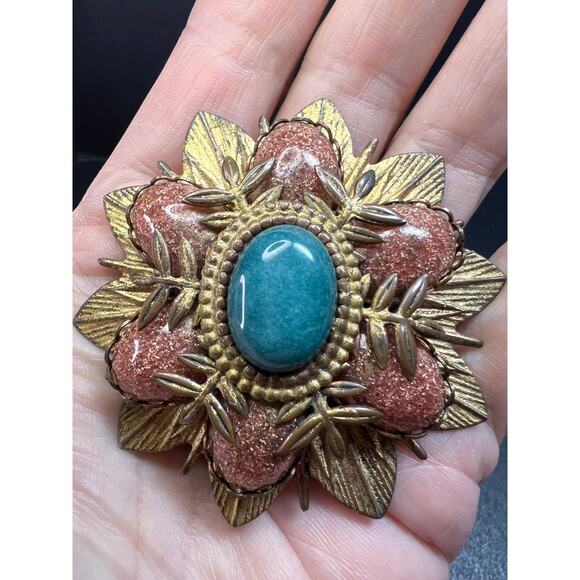 Vintage DeNicola Style Floral Brooch Gold Tone Faux Turquoise Glitter Cab - Picture 6 of 10